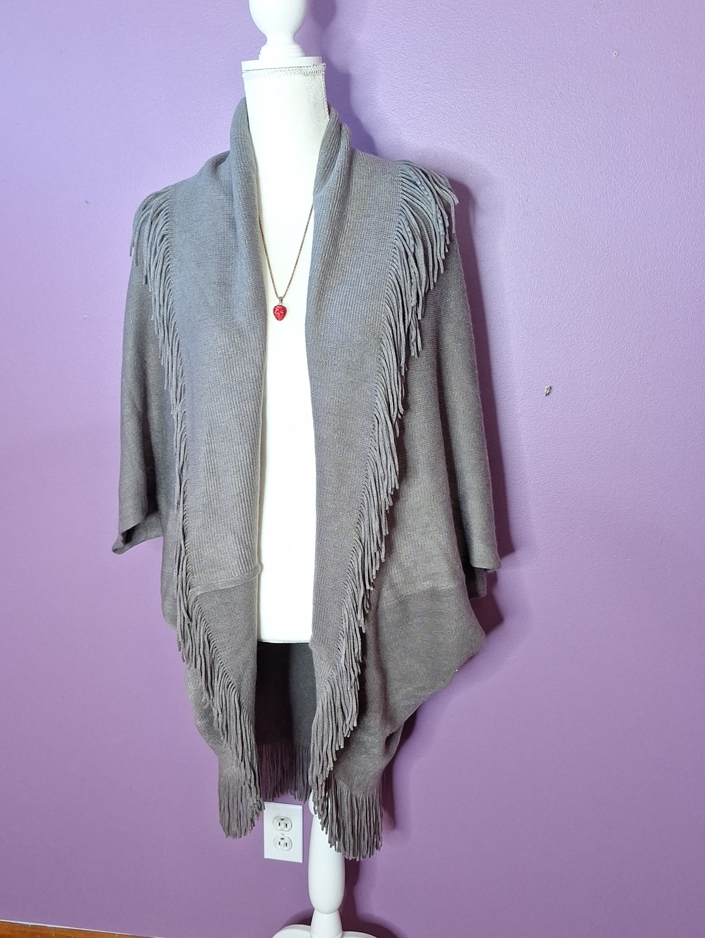 Fringed Open-Front Shawl Cardigan in Gray